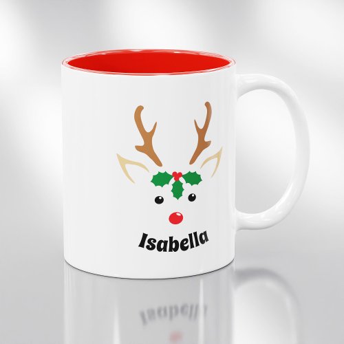 Cute Reindeer Face  Personalized Christmas Two_Tone Coffee Mug