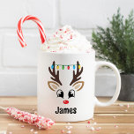 Cute Reindeer Face Personalized Name Christmas Coffee Mug<br><div class="desc">Cute Christmas coffee or hot cocoa mug features an illustration of a sweet reindeer boy face with a shiny red nose and colorful Christmas bulb string lights hanging from his antlers. Personalize this festive hot chocolate mug with a first name or other custom text. Makes a fun holiday gift for...</div>