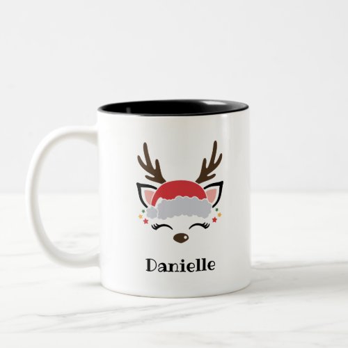 Cute Reindeer Face Personalized Name Holiday Deer Two_Tone Coffee Mug