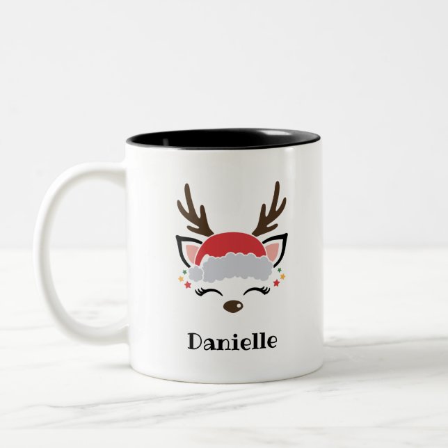Cute Reindeer Face Personalized Name Holiday Deer Two-Tone Coffee Mug (Left)