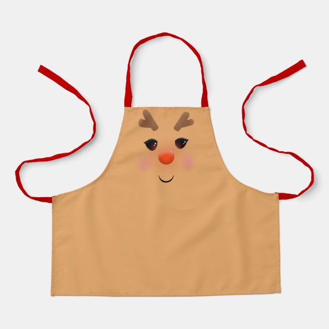 Cute Reindeer Face Red Nose Christmas Apron (Front)