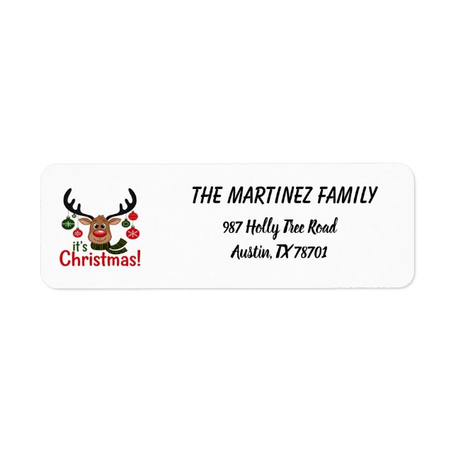 Cute Reindeer Face w/ Ornaments - It's Christmas! Label (Front)