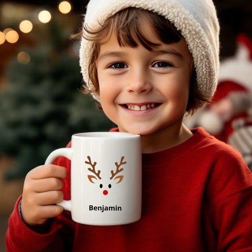 Cute Reindeer Face with Red Nose Name Coffee Mug