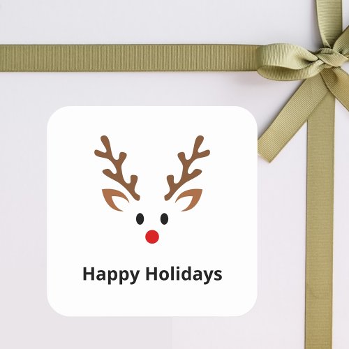 Cute Reindeer Face with Red Nose Name Square Sticker