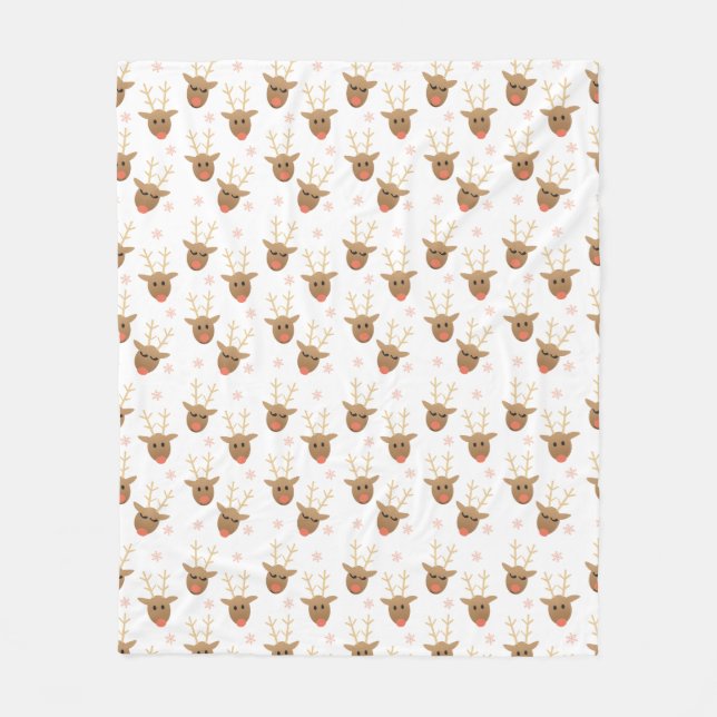 Cute Reindeer Faces Pattern Snowflakes Winter Fleece Blanket (Front)