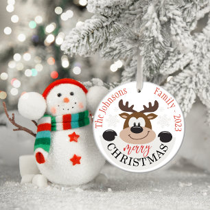 Cute Reindeer Family Name Personalized Christmas Ceramic Ornament