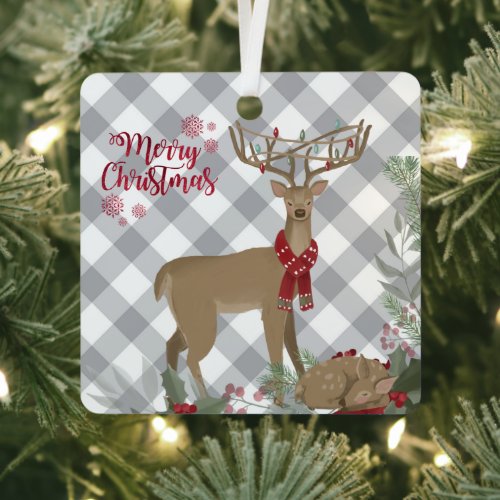 Cute Reindeer Fawn Green Christmas Furs Red Floral Metal Ornament