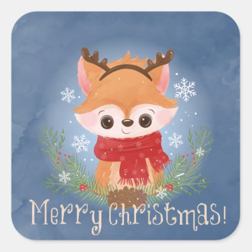 Cute Reindeer Fox Merry Christmas  Square Sticker
