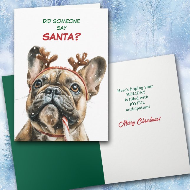 Cute Reindeer French Bulldog Looks for Santa Holiday Card (Creator Uploaded)