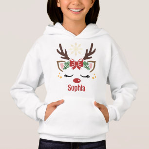 Cute Reindeer Girl Red Bow Custom Name Christmas Hoodie