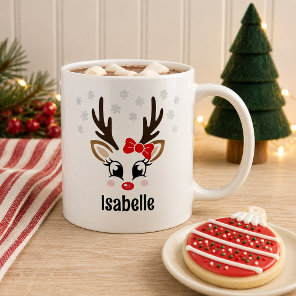 Cute Reindeer Girl Red Bow Snowflake Coffee Mug