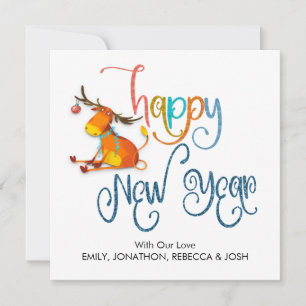 Cute Reindeer Glitter Name Happy New Year Card