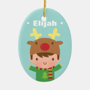 Cute Reindeer Hat Boy Name Christmas Decor Ceramic Ornament