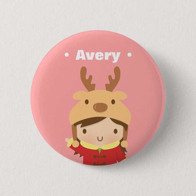 Cute Reindeer Hat Girl Kids Christmas Fillers Button (Front)