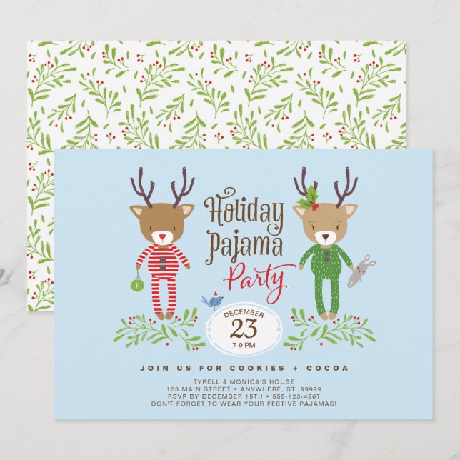 Cute Reindeer Holiday Pajama Party Invitation (Front/Back)