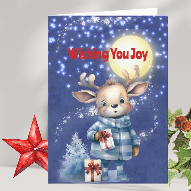 Cute Reindeer in Blue Plaid Moon Christmas Joy Holiday Card (Creator Uploaded)