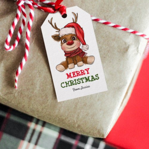 Cute Reindeer in Santa Hat Kids Christmas Gift Tags