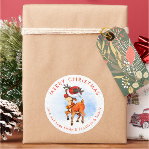 Cute Reindeer in Santa Hat Name Merry Christmas Classic Round Sticker