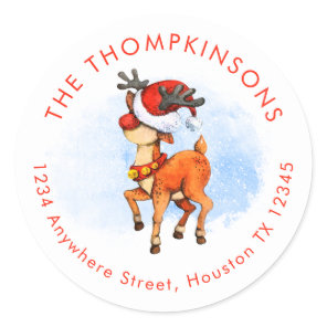 Cute Reindeer in Santa Hat Name Return Address Classic Round Sticker