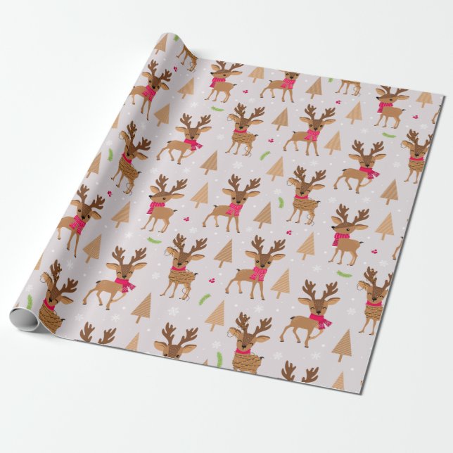 Cute Reindeer in Scarves and Light Christmas Wrapping Paper (Unrolled)