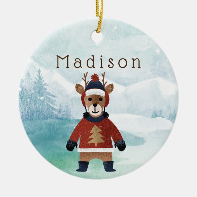 Cute Reindeer in Sweater Ceramic Ornament (Front)