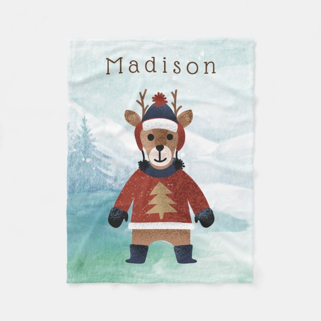 Cute Reindeer in Sweater Fleece Blanket (Front)