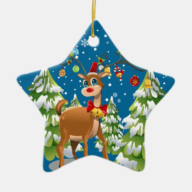 Cute Reindeer in the Snow Ceramic Ornament (Front)