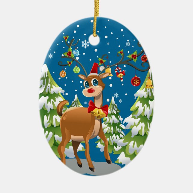 Cute Reindeer in the Snow Ceramic Ornament (Front)