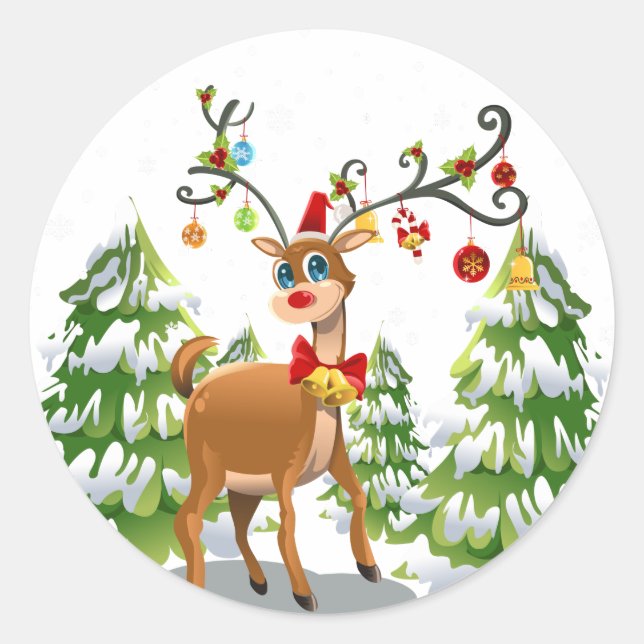 Cute Reindeer in the Snow Classic Round Sticker (Front)