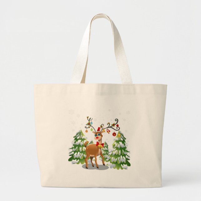 Cute Reindeer in the Snow Large Tote Bag (Front)