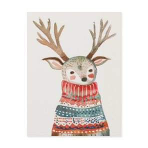 Cute Reindeer in Ugly Sweater Watercolor Christmas Postcard