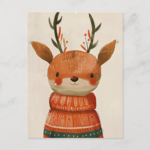 Cute Reindeer in Ugly Sweater Watercolor Christmas Postcard