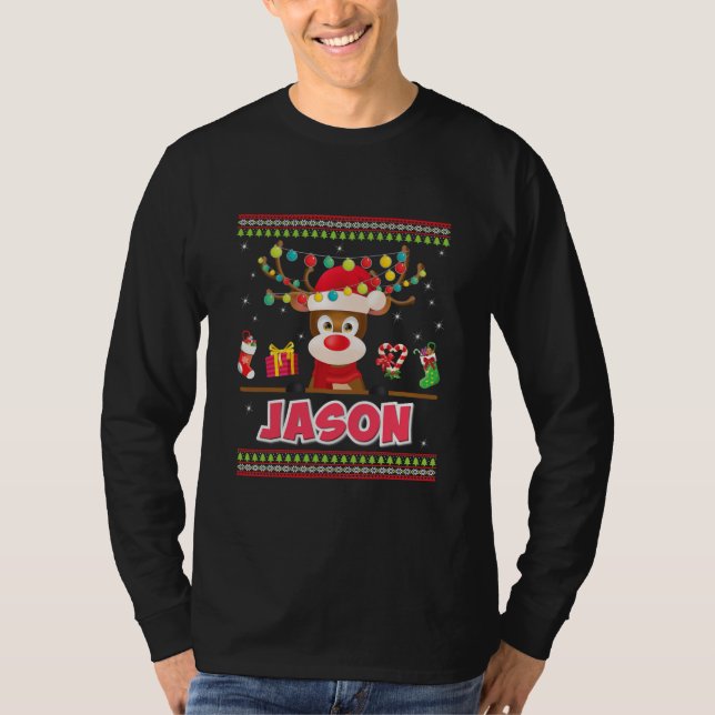 Cute Reindeer Jason Merry Christmas Light Santa T-Shirt (Front)