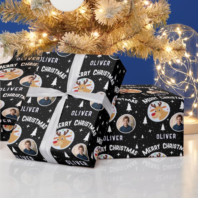 Cute Reindeer Kid`s Name Photo Christmas Wrapping Paper (Holidays)