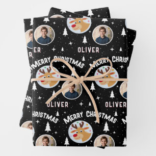Cute Reindeer Kid`s Name Photo Christmas Wrapping Paper Sheets