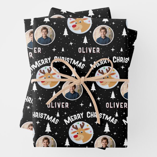 Cute Reindeer Kid`s Name Photo Christmas Wrapping Paper Sheets (In situ)