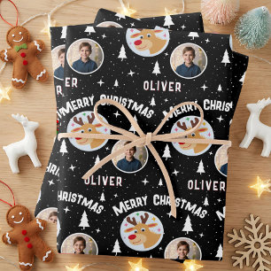 Cute Reindeer Kid`s Name Photo Christmas Wrapping Paper Sheets