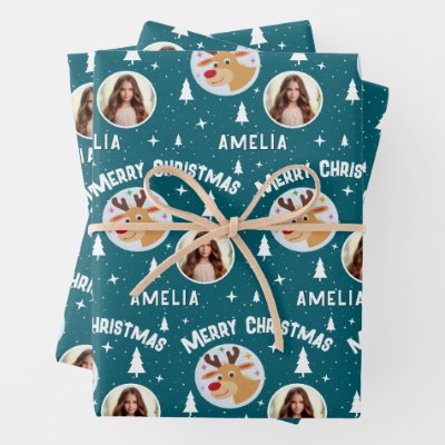 Cute Reindeer Kid`s Name Photo Christmas Wrapping Paper Sheets