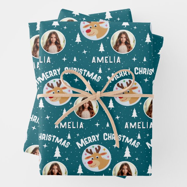 Cute Reindeer Kid`s Name Photo Christmas Wrapping Paper Sheets (In situ)