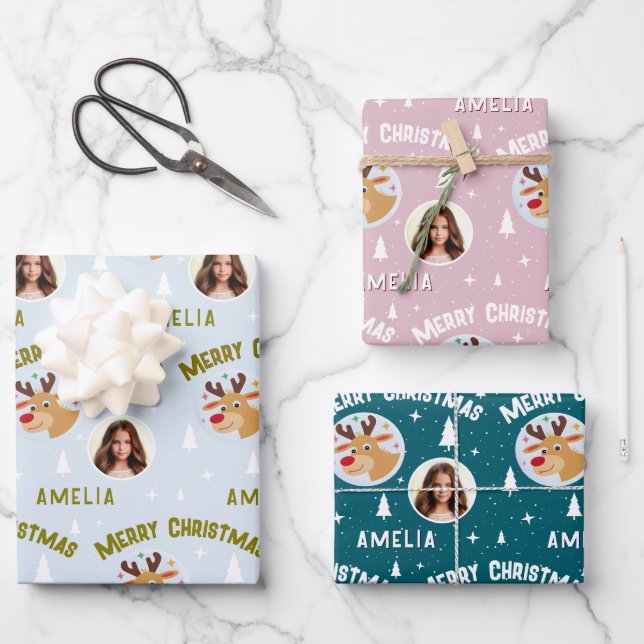 Cute Reindeer Kid`s Name Photo Christmas Wrapping Paper Sheets (Front)