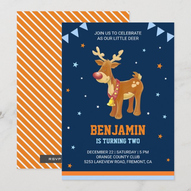 Cute Reindeer Kids Birthday Party Invitation (Front/Back)