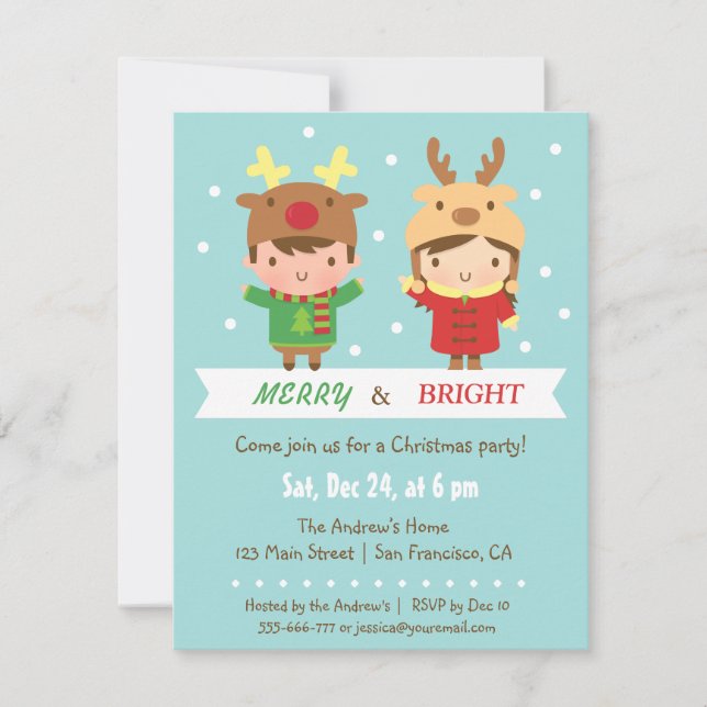 Cute Reindeer Kids Christmas Party Invitations (Front)