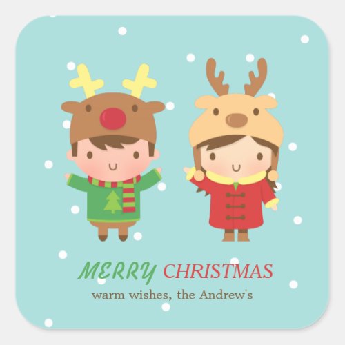 Cute Reindeer Kids Merry Christmas Party Favors Square Sticker