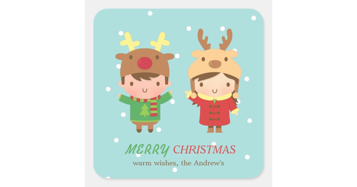 Cute Reindeer Kids Merry Christmas Party Favors Square Sticker