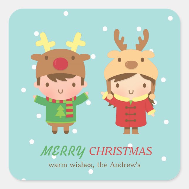 Cute Reindeer Kids Merry Christmas Party Favors Square Sticker (Front)