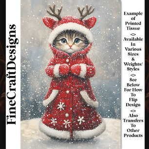 Cute Reindeer Kitten In Red Coat AK6F Decoupage Tissue Paper