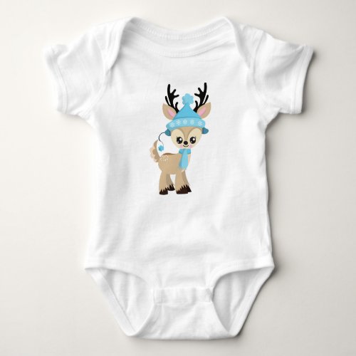 Cute Reindeer Little Reindeer Blue Hat Scarf Baby Bodysuit