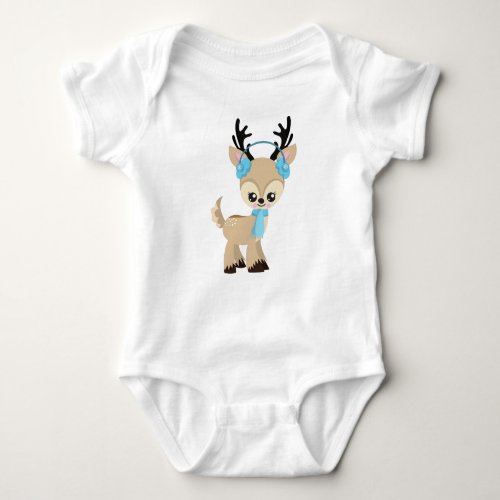 Cute Reindeer Little Reindeer Blue Scarf Baby Bodysuit