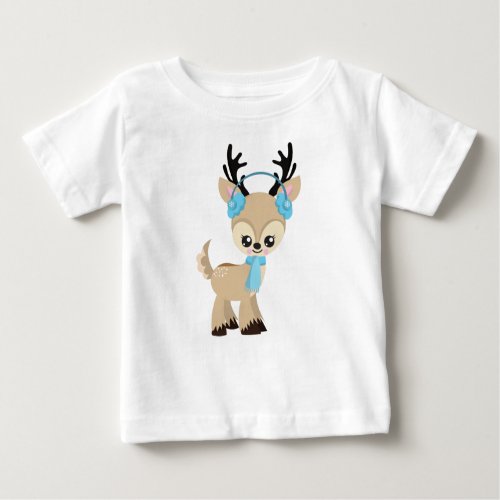 Cute Reindeer Little Reindeer Blue Scarf Baby T_Shirt
