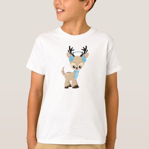 Cute Reindeer Little Reindeer Blue Scarf T_Shirt
